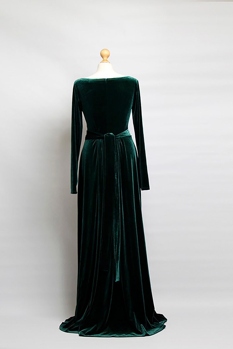 Green Velvet Maxi Dress Velvet Party Dress Maxi Dress Long Sleeves With High Slit Sash Waistband Long Dress Green dress