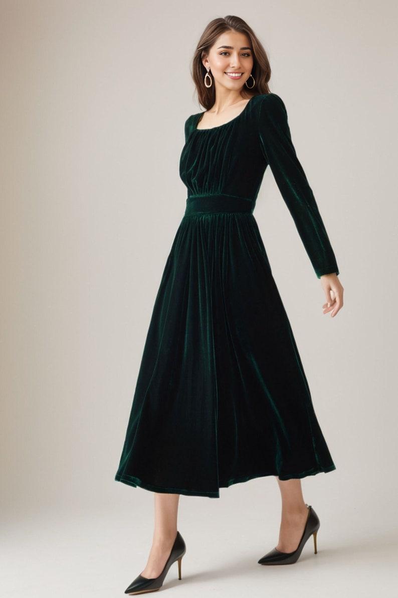 Green Velvet Dress Autumn Dress Women Long Sleeves Prom Dress