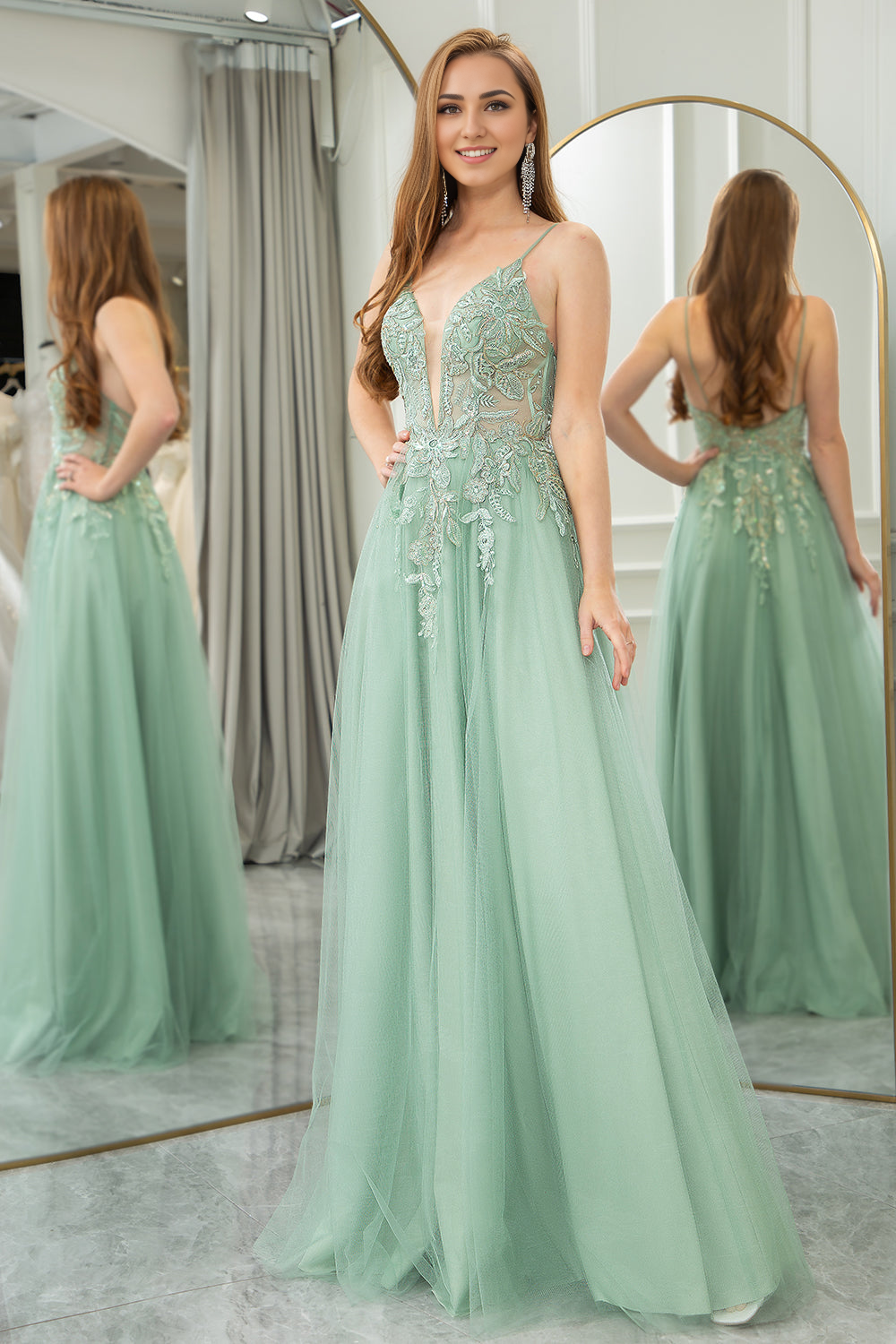 A-Line Tulle Backless Long Prom Dress With Glitter Appliques