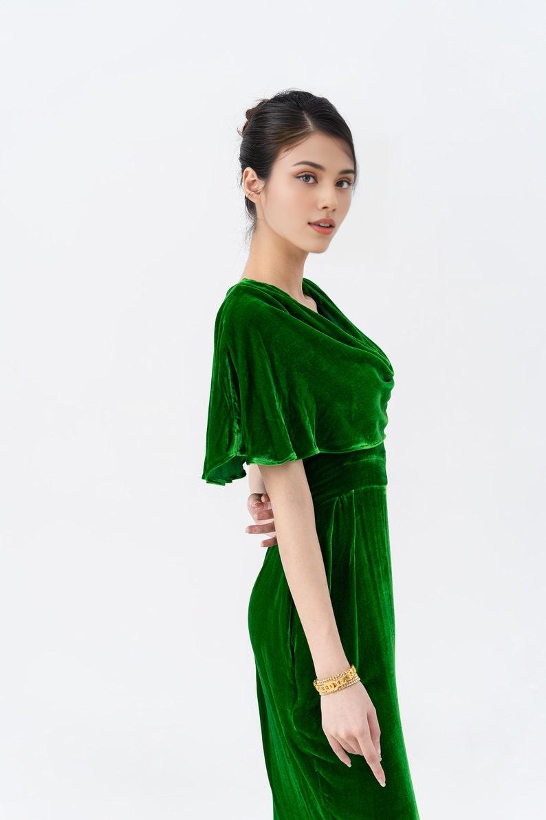 Kelly Green Mulberry Silk Velvet Dress Luxurious Silk Velvet With Cowl Neck Long Dress