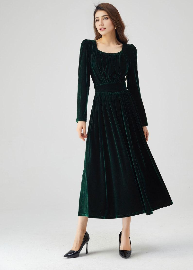 Green Velvet Dress Autumn Dress Women Long Sleeves Prom Dress