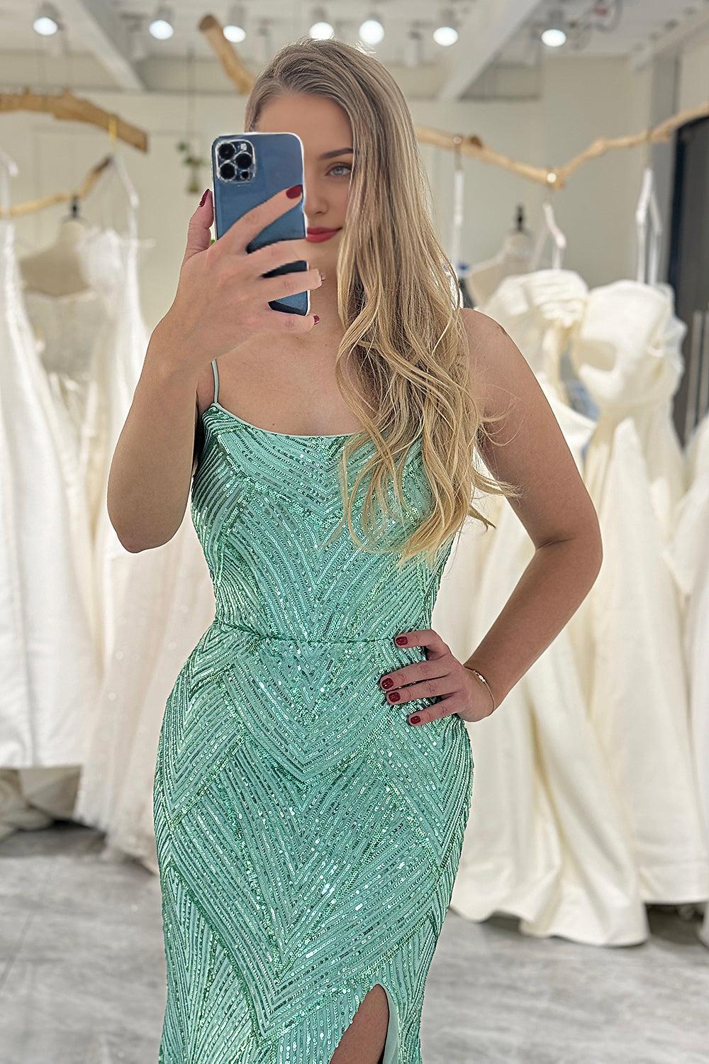 Green Mermaid Lace Up Back Long Prom Dress With Slit