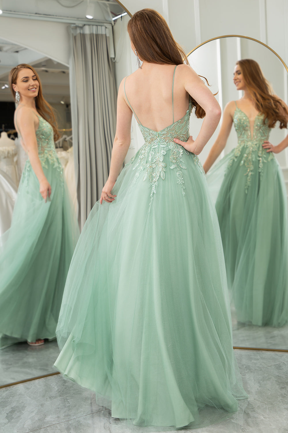 A-Line Tulle Backless Long Prom Dress With Glitter Appliques
