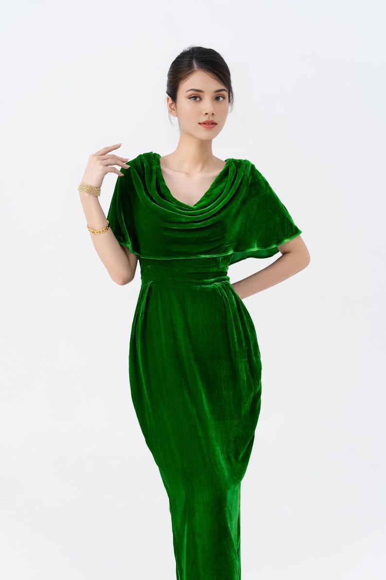 Kelly Green Mulberry Silk Velvet Dress Luxurious Silk Velvet With Cowl Neck Long Dress