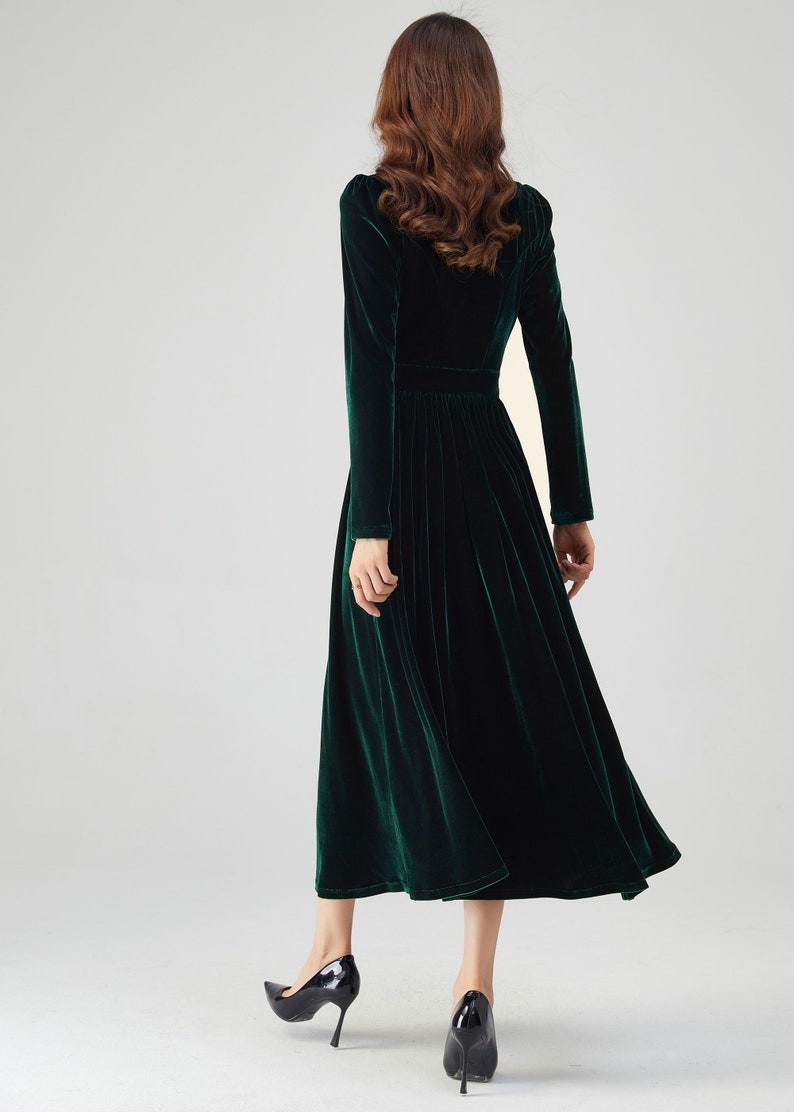 Green Velvet Dress Autumn Dress Women Long Sleeves Prom Dress