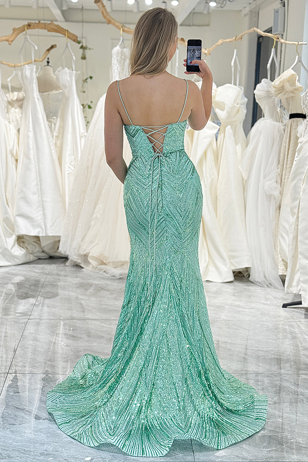 Green Mermaid Lace Up Back Long Prom Dress With Slit