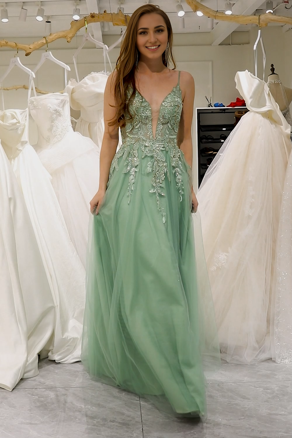 A-Line Tulle Backless Long Prom Dress With Glitter Appliques