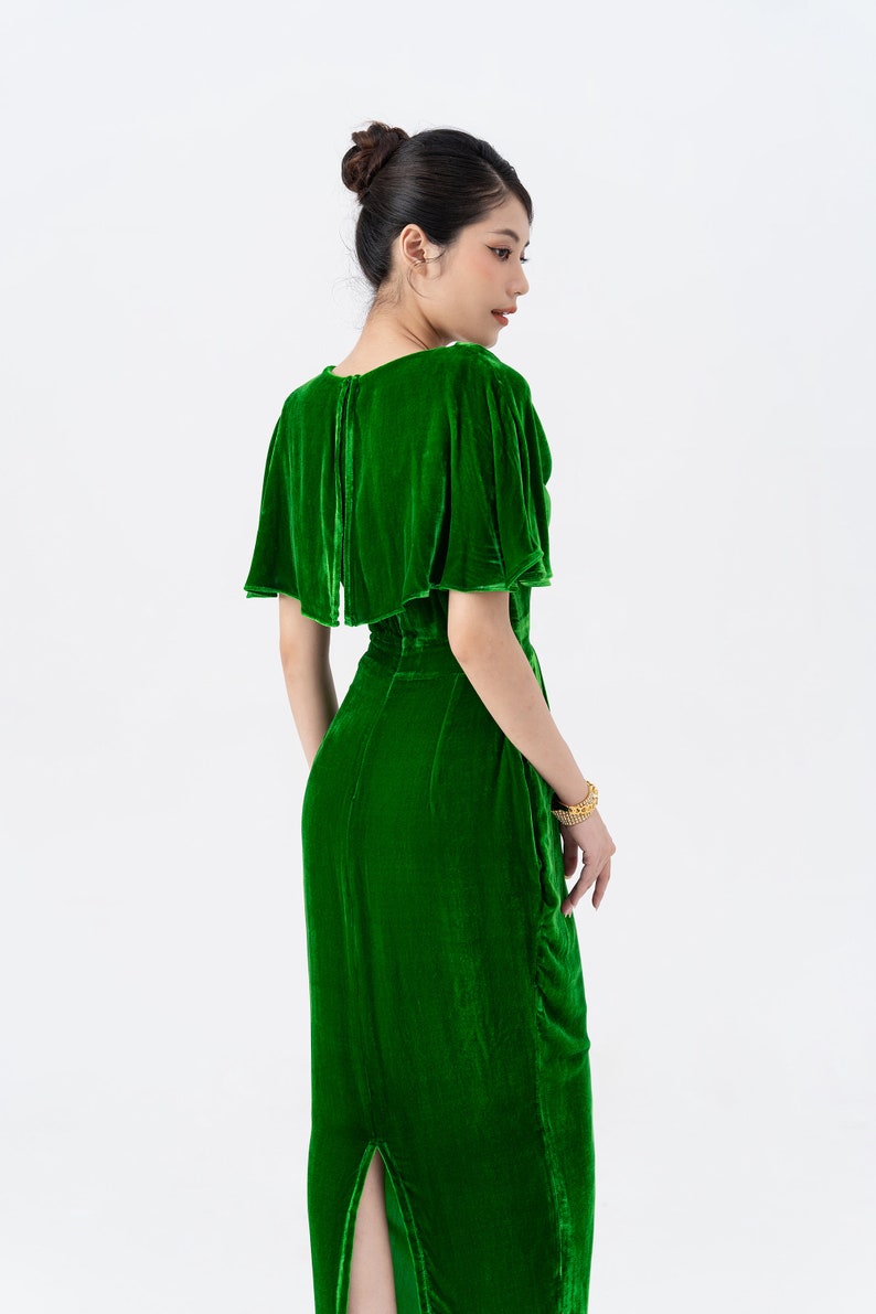 Kelly Green Mulberry Silk Velvet Dress Luxurious Silk Velvet With Cowl Neck Long Dress