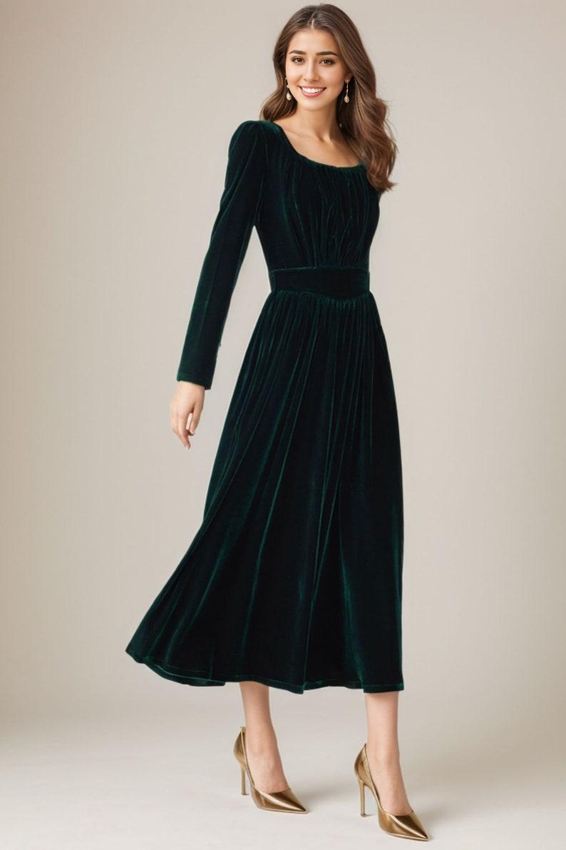 Green Velvet Dress Autumn Dress Women Long Sleeves Prom Dress