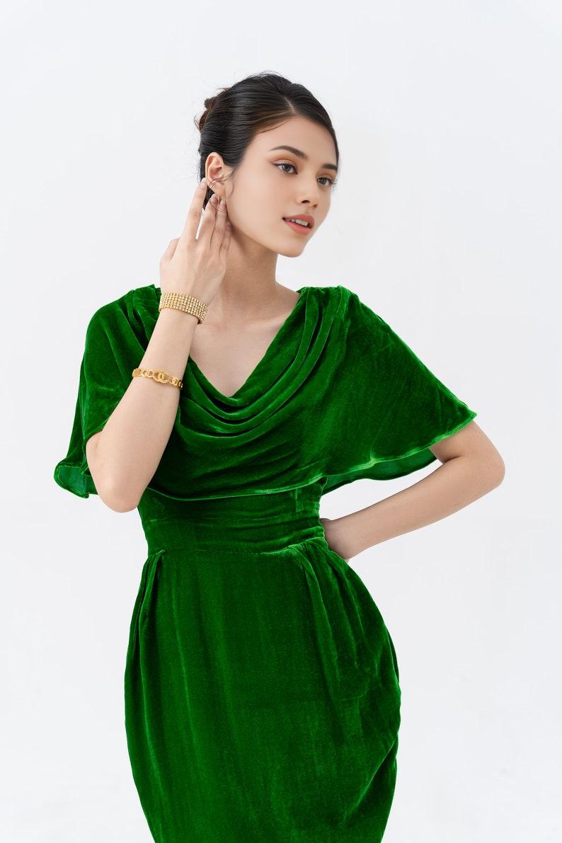 Kelly Green Mulberry Silk Velvet Dress Luxurious Silk Velvet With Cowl Neck Long Dress