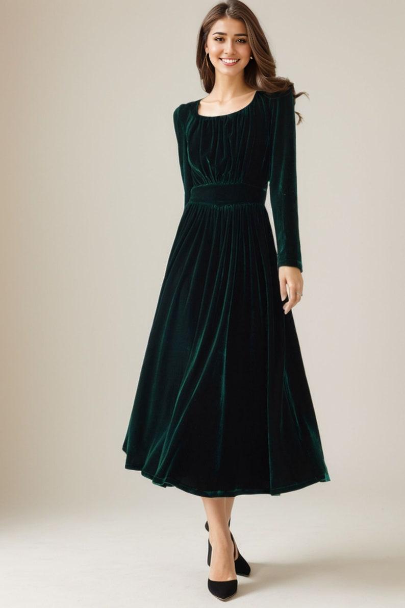 Green Velvet Dress Autumn Dress Women Long Sleeves Prom Dress