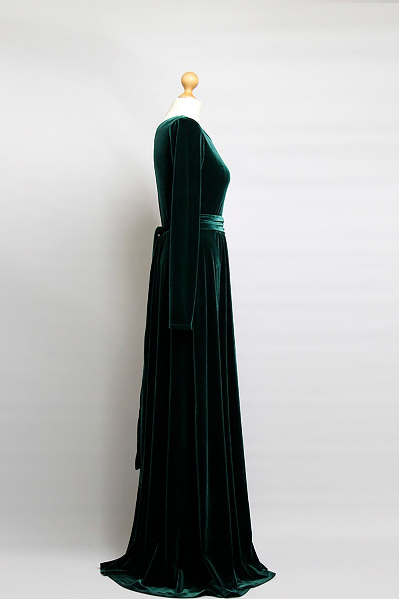 Green Velvet Maxi Dress Velvet Party Dress Maxi Dress Long Sleeves With High Slit Sash Waistband Long Dress Green dress