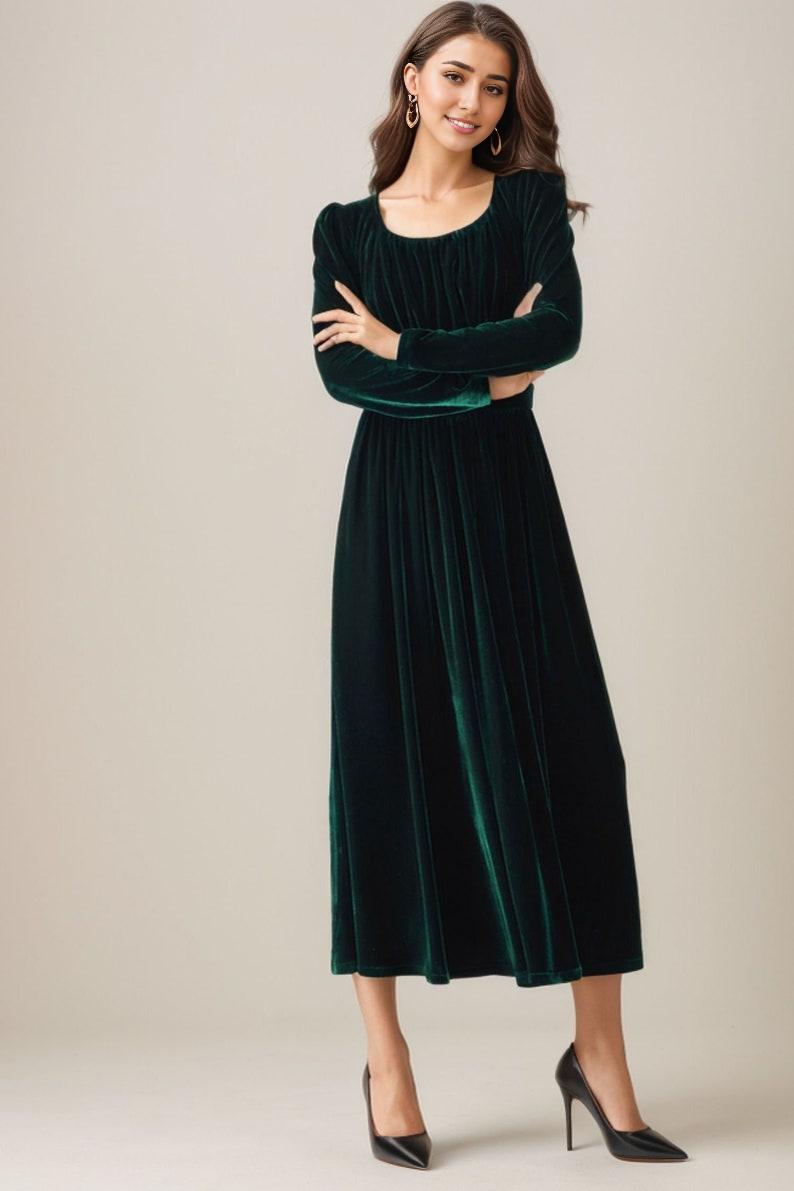 Green Velvet Dress Autumn Dress Women Long Sleeves Prom Dress