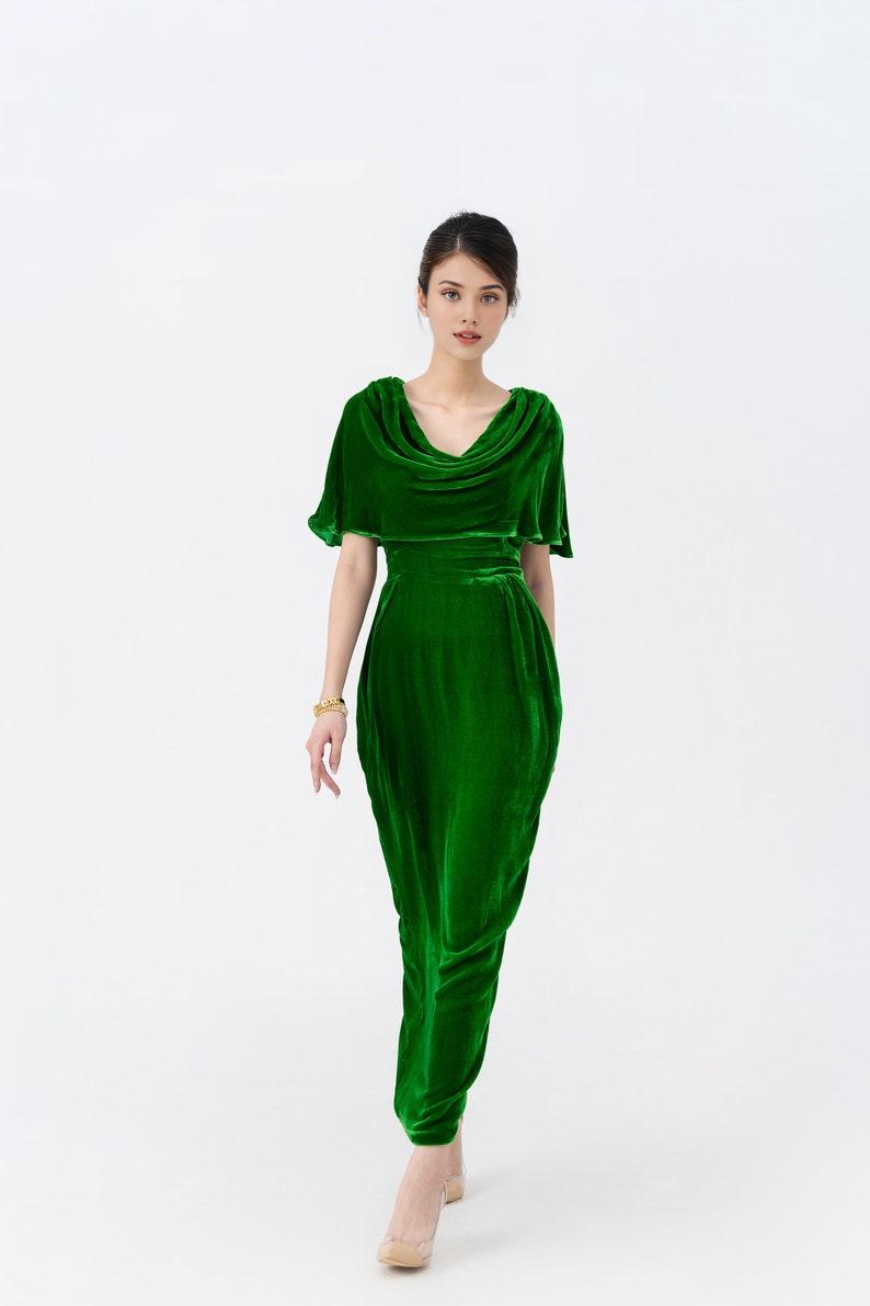 Kelly Green Mulberry Silk Velvet Dress Luxurious Silk Velvet With Cowl Neck Long Dress