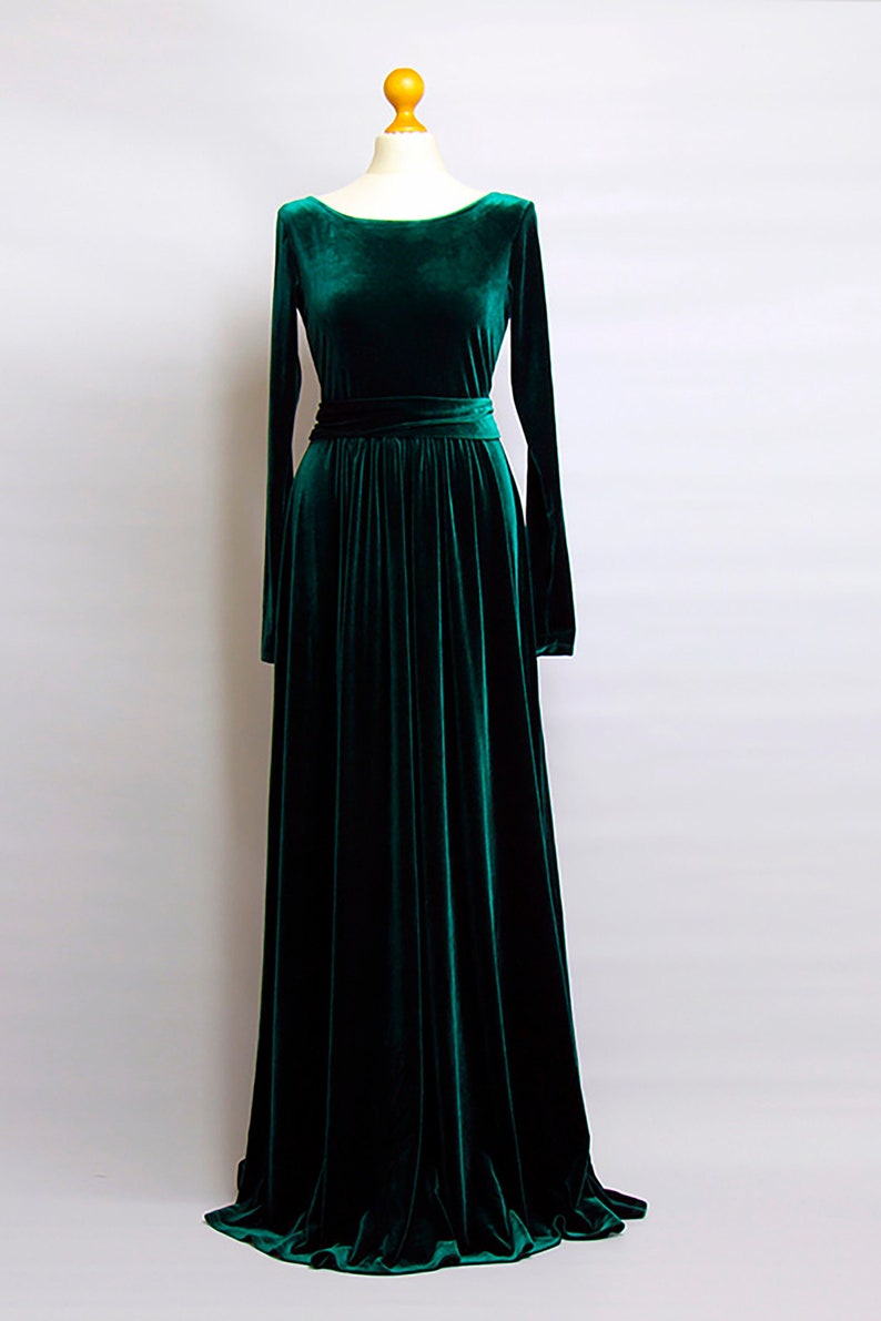 Green Velvet Maxi Dress Velvet Party Dress Maxi Dress Long Sleeves With High Slit Sash Waistband Long Dress Green dress