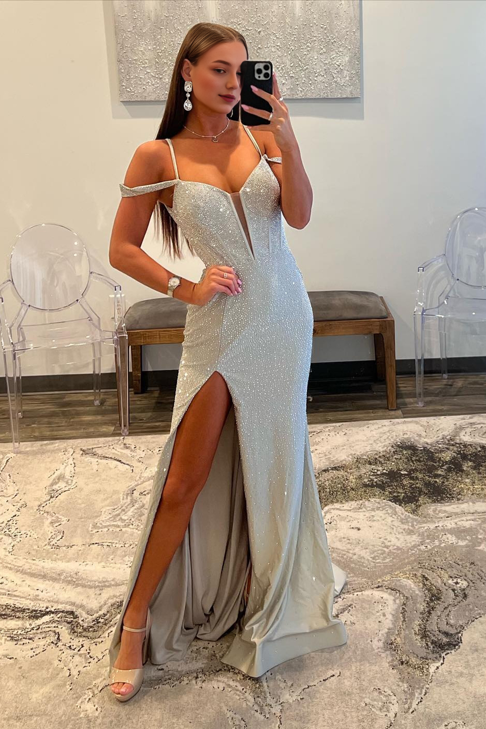 Off The Shoulder Long Corset Beaded Prom Dress With Slit