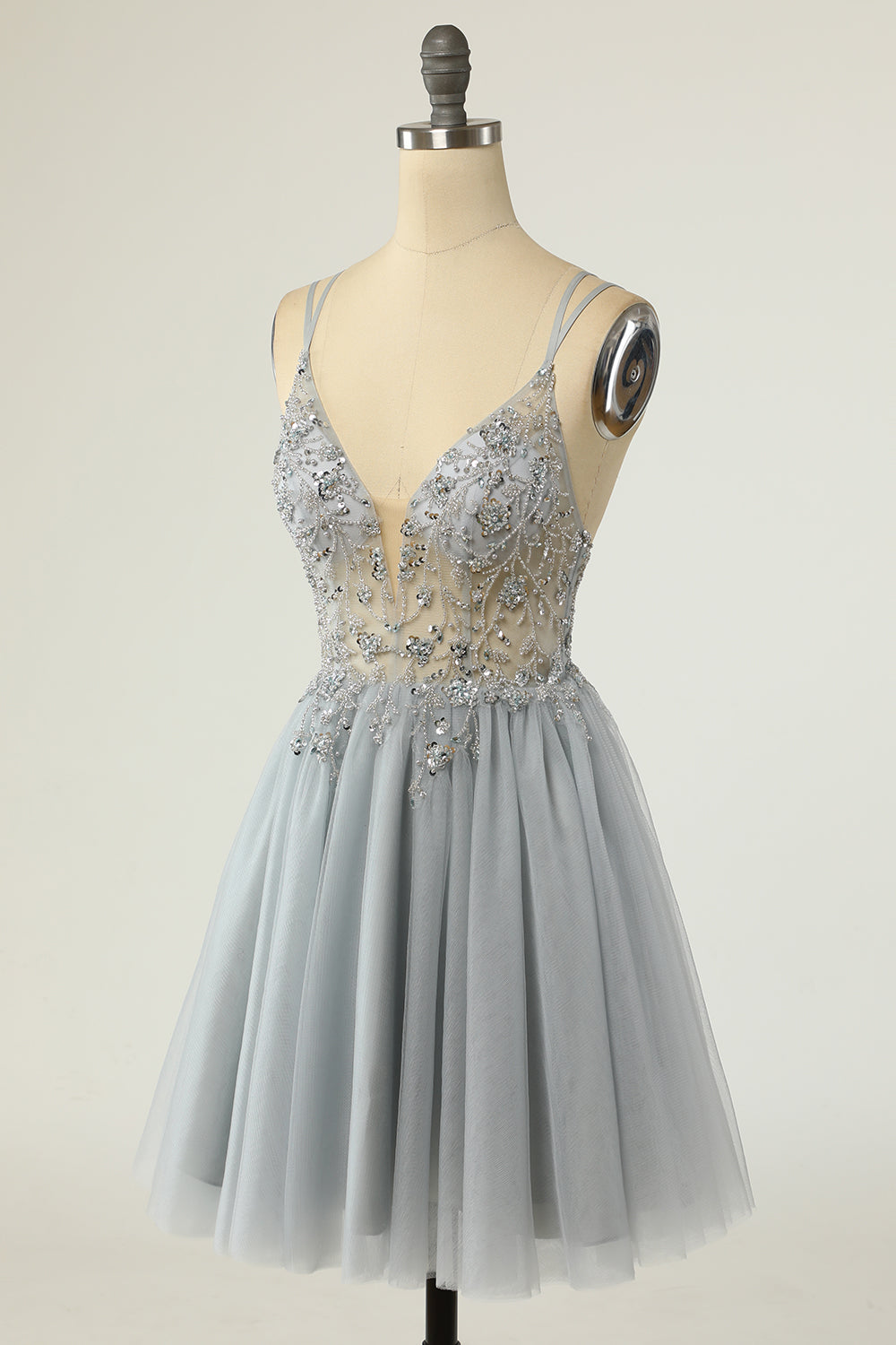 A Line Spaghetti Straps Grey Short Homecoming Dress with Beading