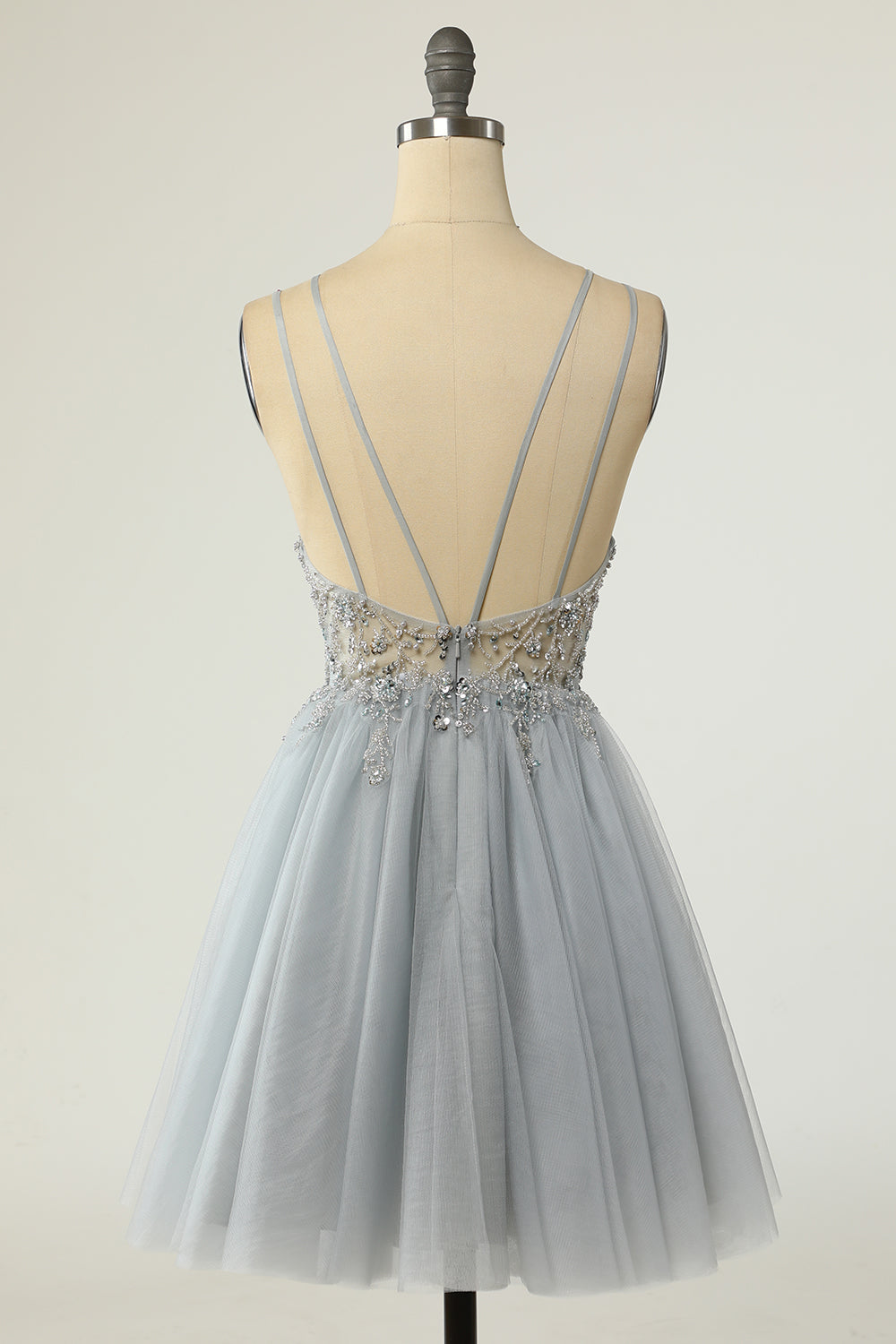 A Line Spaghetti Straps Grey Short Homecoming Dress with Beading
