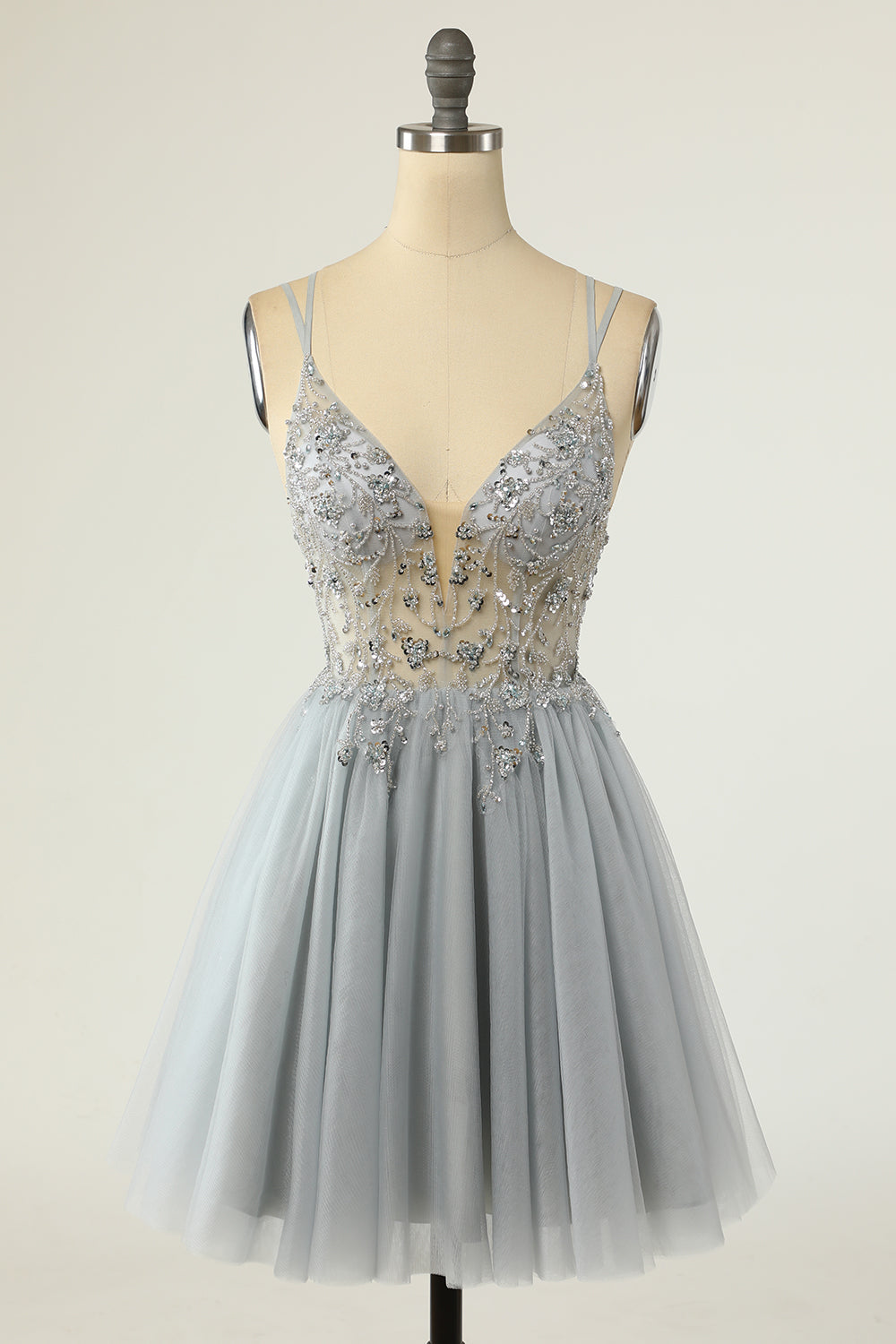 A Line Spaghetti Straps Grey Short Homecoming Dress with Beading