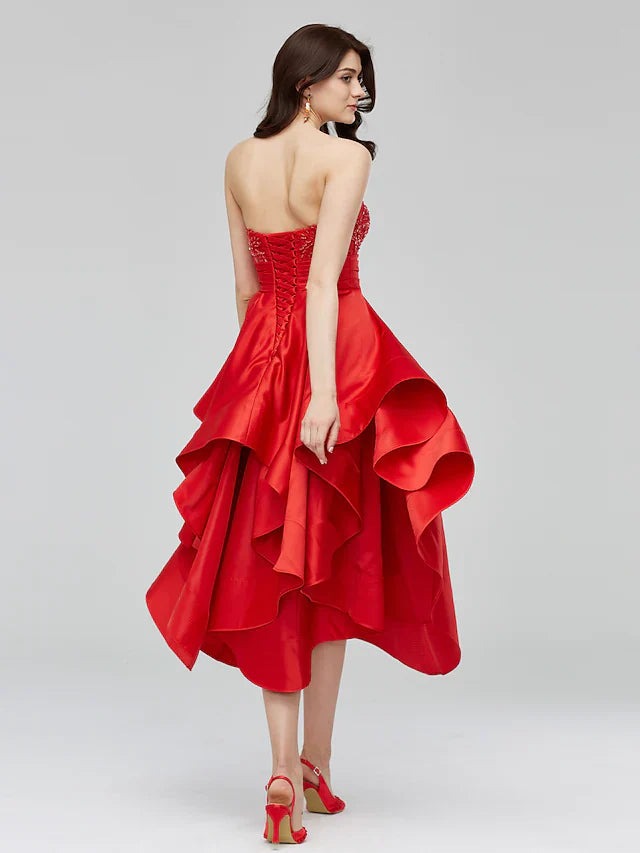 DingjiA-Line Fit & Flare Open Back Homecoming Cocktail Party Prom Dress Sweetheart Neckline Sleeveless Asymmetrical Satin with Beading Appliques