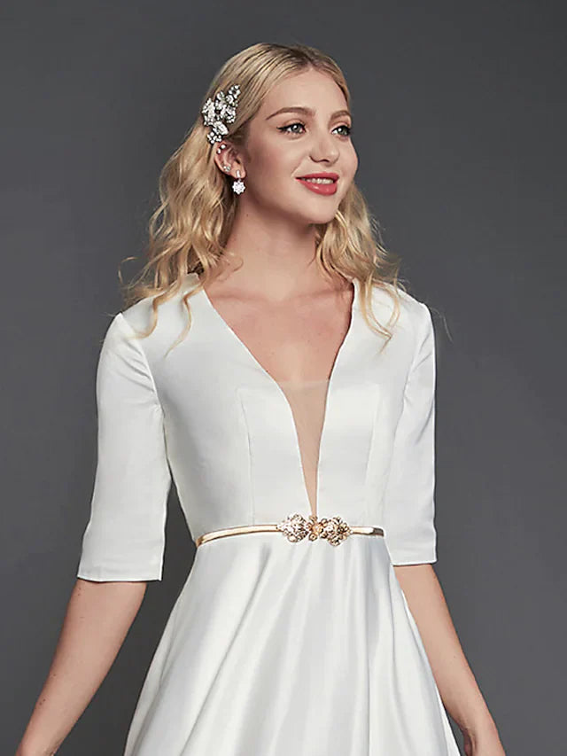 DingjiA-Line Minimalist Elegant Homecoming Cocktail Party Dress V Neck Half Sleeve Tea Length Satin with Ribbon Pleats