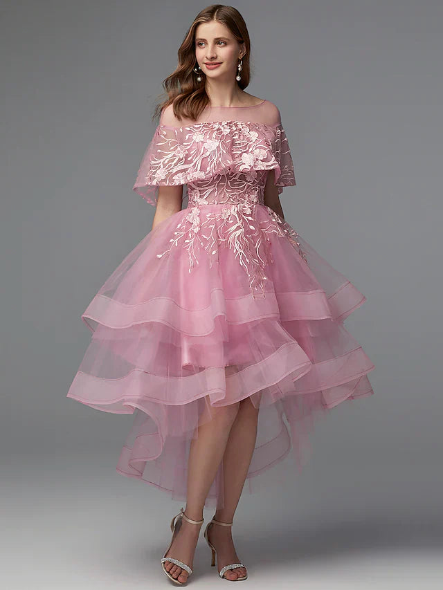 DingjiA-Line Elegant High Low Holiday Cocktail Party Prom Dress Illusion Neck Sleeveless Asymmetrical Lace Tulle with Lace Insert