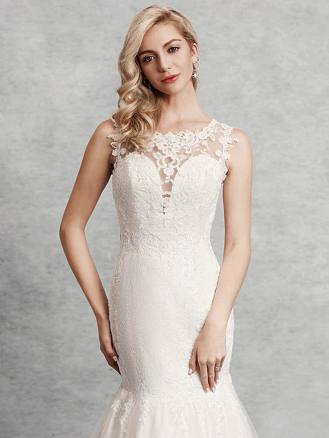 DingjiWedding Dresses Scoop Neck Court Train Lace Satin Tulle Regular Straps Beautiful Back with Lace Appliques