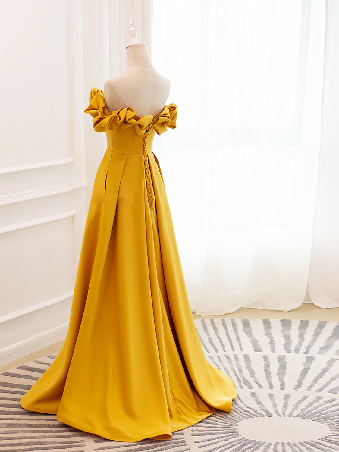 A-Line Off Shoulder Satin Yellow Long Prom Dress