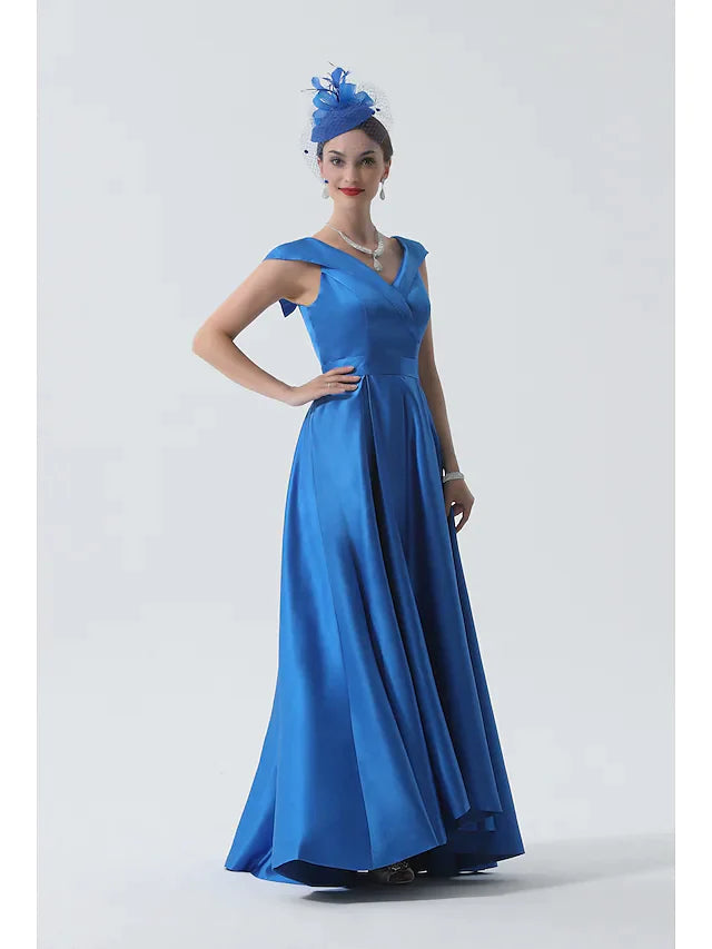 A-Line Mother of the Bride Dress Elegant Off Shoulder Asymmetrical Satin Short Sleeve with Pleats