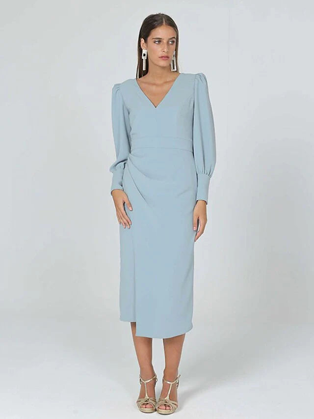 Mother of the Bride Dress Elegant V Neck Tea Length Stretch Fabric Long Sleeve with Ruching