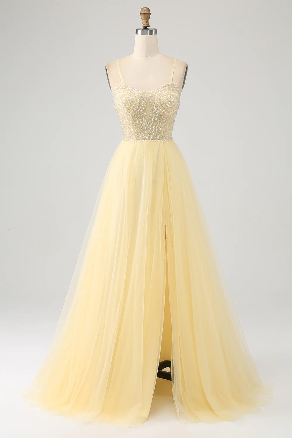 Tulle Beaded Light Yellow Prom Dress with Slit