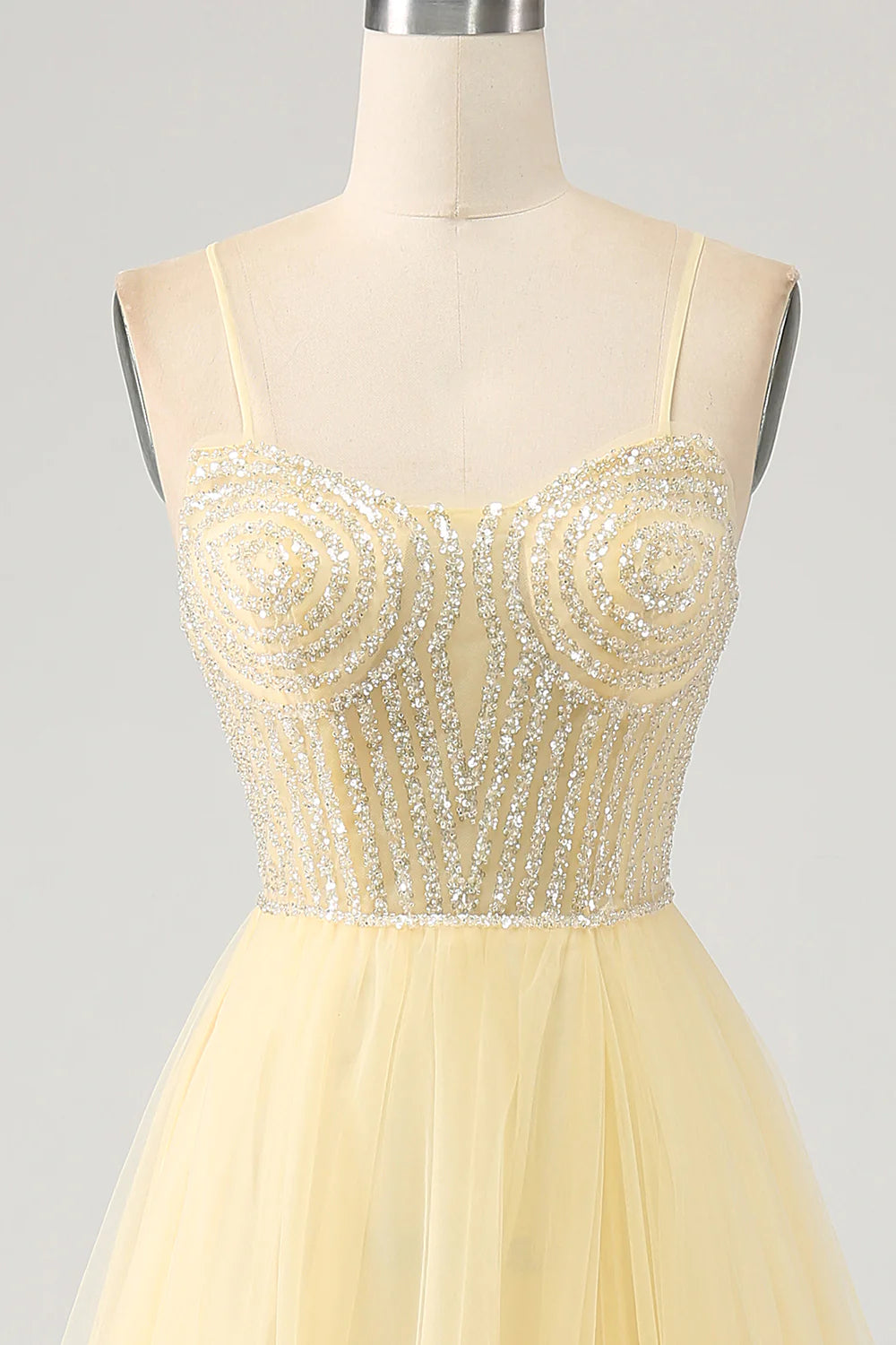 Tulle Beaded Light Yellow Prom Dress with Slit
