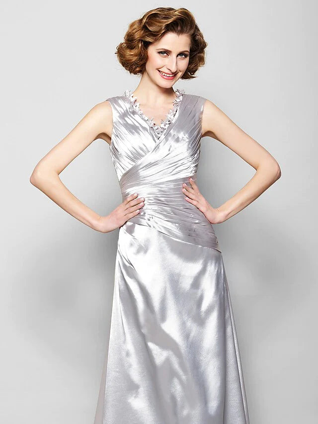 A-Line Mother of the Bride Dress V Neck Stretch Satin Sleeveless with Criss Cross Beading Side Draping