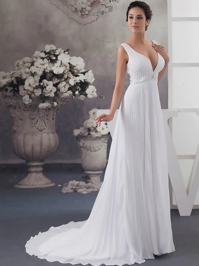 A-Line Wedding Dresses V Neck Chapel Train Chiffon Satin Regular Straps with Crystals Beading Draping