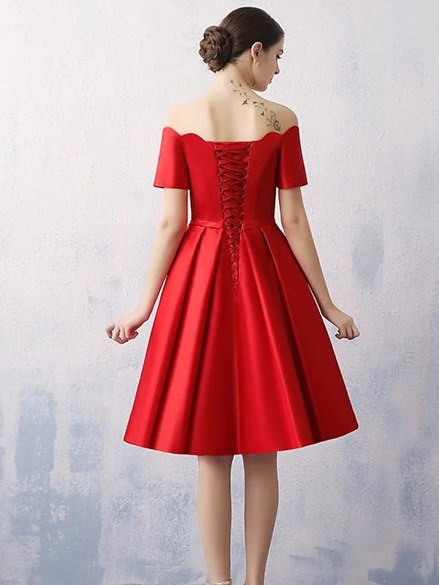 DingjiA-Line Reformation Amante Minimalist Engagement Cocktail Party Dress Off Shoulder Short Sleeve Knee Length Satin with Sleek