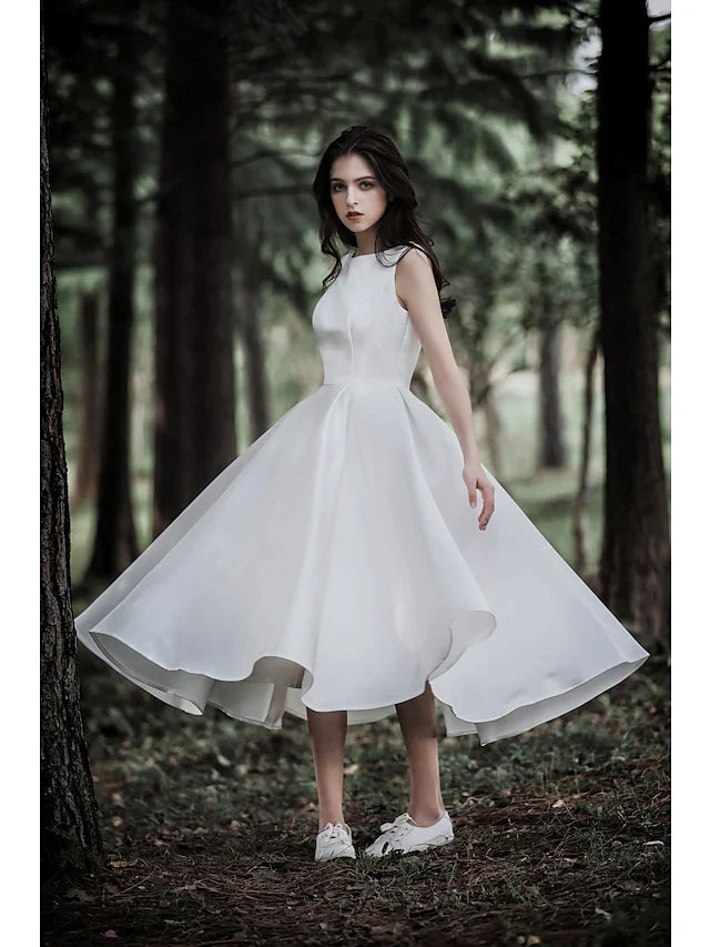 A-Line Wedding Dresses Jewel Neck Tea Length Chiffon Over Satin Cap Sleeve Simple Casual Little White Dress