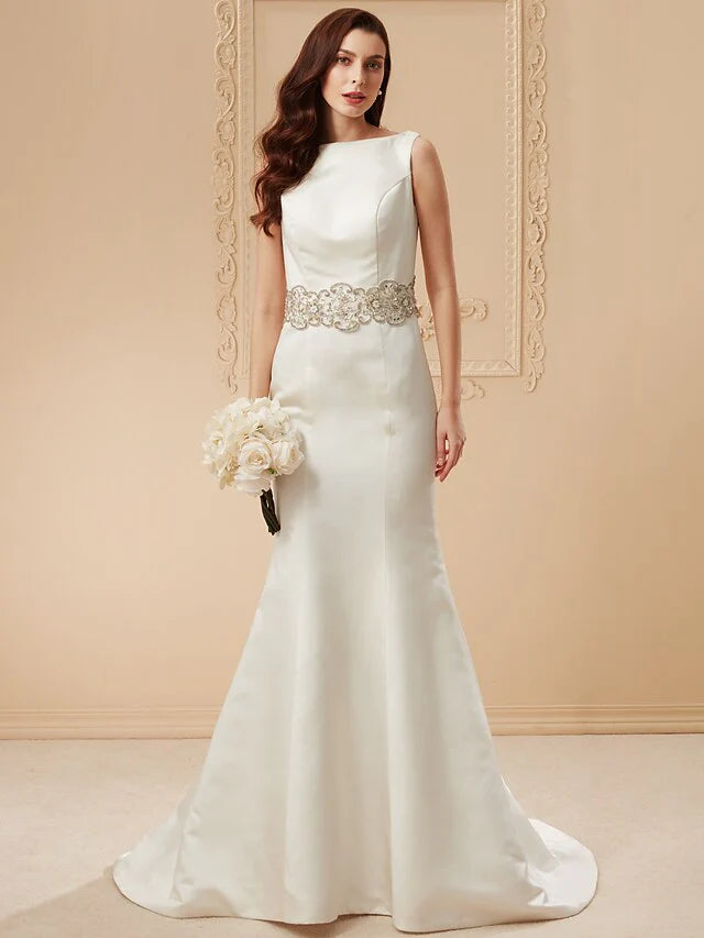 Dingji Wedding Dresses Bateau Neck Cathedral Train Satin Regular Straps Vintage Inspired with Beading