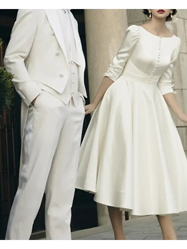 DingjiA-Line Wedding Dresses Jewel Neck Tea Length Satin Half Sleeve Simple Vintage Little White Dress with Buttons Pleats