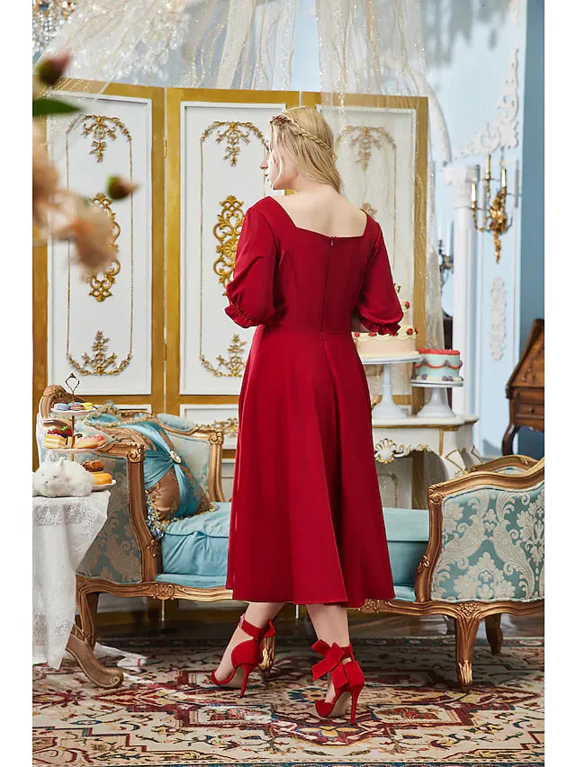 DingjiA-Line Plus Size Elegant Engagement Prom Dress V Neck Half Sleeve Tea Length Stretch Fabric with Buttons Pleats