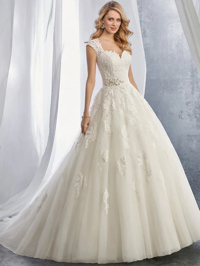 DingjiBall Gown Wedding Dresses Sweetheart Neckline Chapel Train Lace Tulle Regular Straps with Appliques