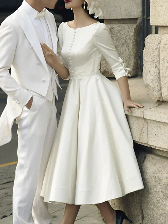 DingjiA-Line Wedding Dresses Jewel Neck Tea Length Satin Half Sleeve Simple Vintage Little White Dress with Buttons Pleats
