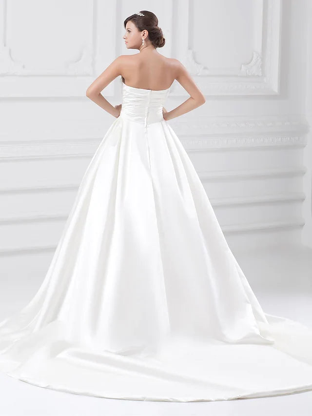 Dingji Ball Gown Wedding Dresses Strapless Court Train Satin Strapless Plus Size with Ruched Draping