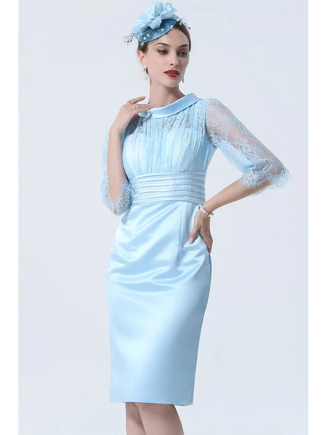 Mother of the Bride Dress See Through Jewel Neck Knee Length Charmeuse Half Sleeve with Lace Sash Ribbon