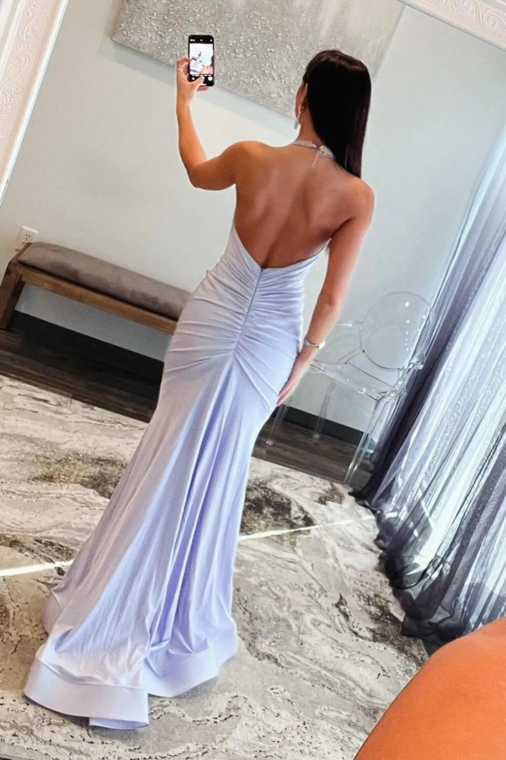 White Mermaid Beaded Halter Neck Long Prom Dress
