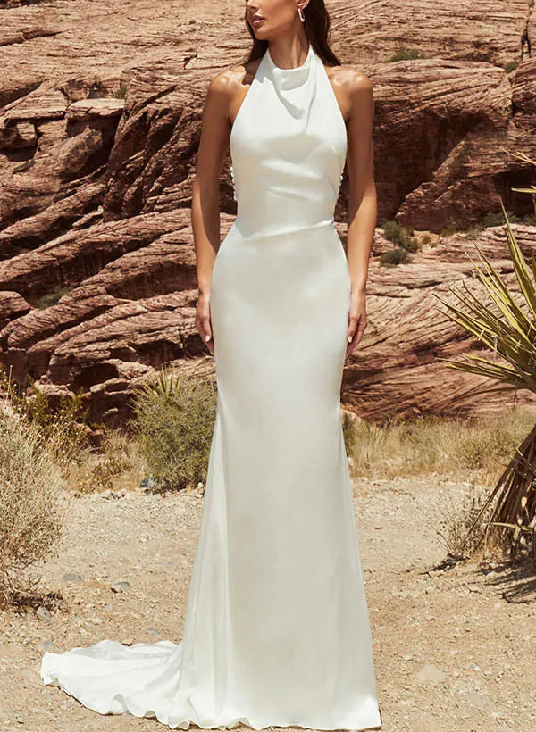Halter Cowl Neck Satin Mermaid Wedding Dress with Open Back & Train - Modern Bridal Gown