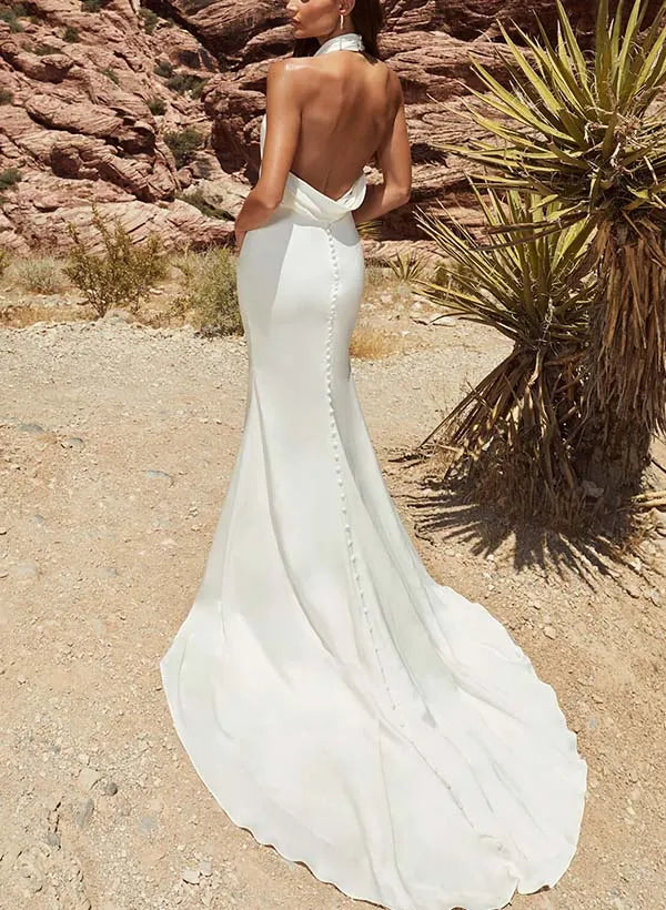 Halter Cowl Neck Satin Mermaid Wedding Dress with Open Back & Train - Modern Bridal Gown