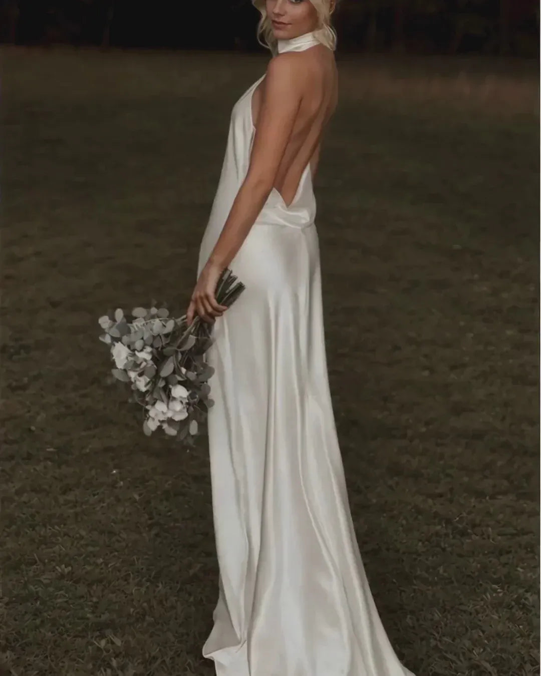 Halter Cowl Neck Satin Mermaid Wedding Dress with Open Back & Train - Modern Bridal Gown