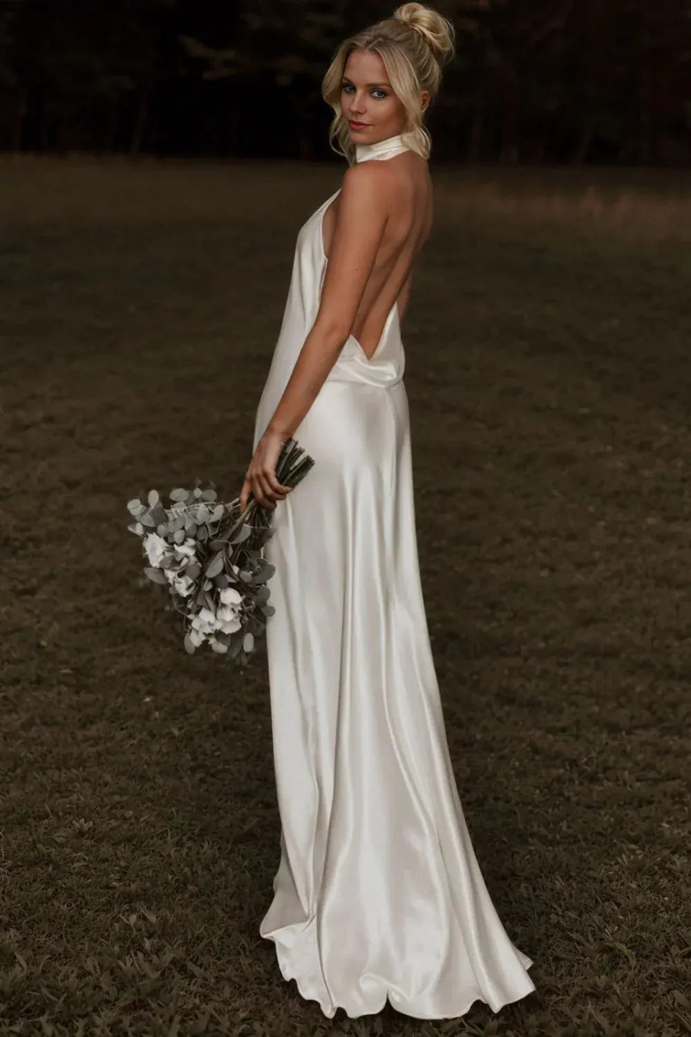 Halter Cowl Neck Satin Mermaid Wedding Dress with Open Back & Train - Modern Bridal Gown