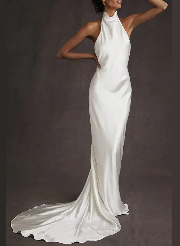 Halter Cowl Neck Satin Mermaid Wedding Dress with Open Back & Train - Modern Bridal Gown