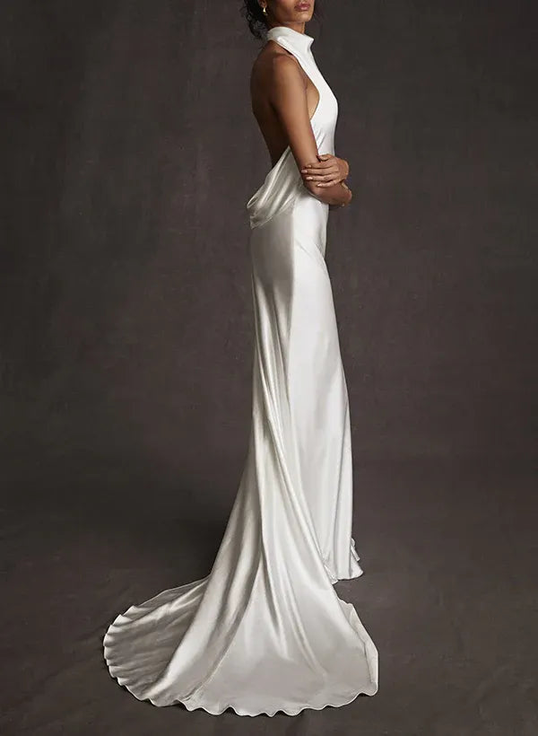 Halter Cowl Neck Satin Mermaid Wedding Dress with Open Back & Train - Modern Bridal Gown